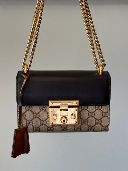Gucci Small GG Supreme Black Padlock Shoulder Crossbody Bag