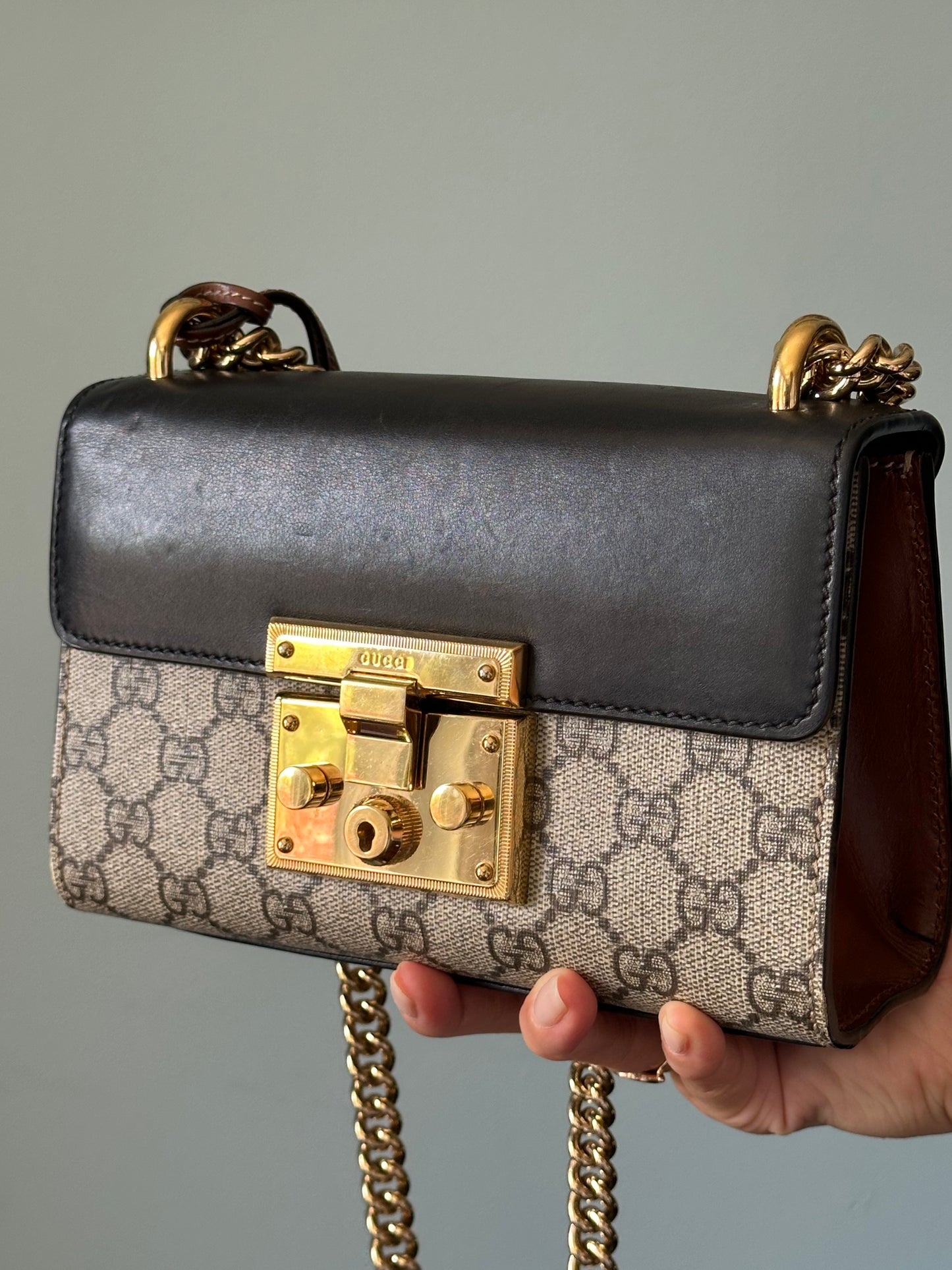Gucci Small GG Supreme Black Padlock Shoulder Crossbody Bag