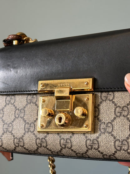 Gucci Small GG Supreme Black Padlock Shoulder Crossbody Bag