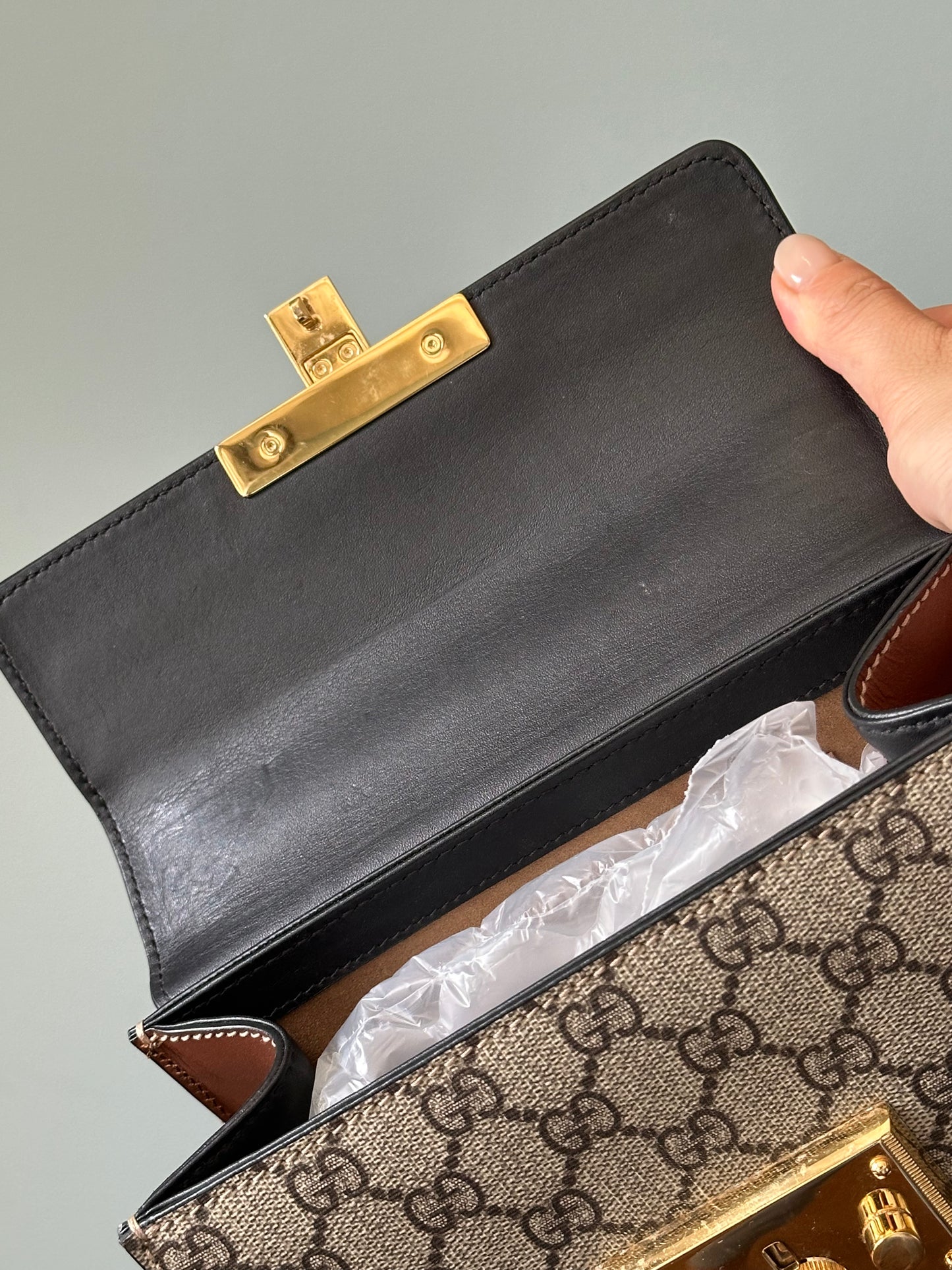 Gucci Small GG Supreme Black Padlock Shoulder Crossbody Bag