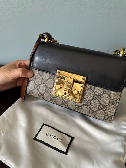 Gucci Small GG Supreme Black Padlock Shoulder Crossbody Bag