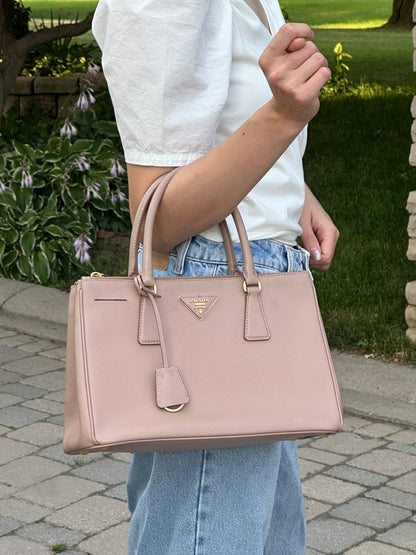 Prada Beige Saffiano Leather Double Zip Galleria Tote with Strap