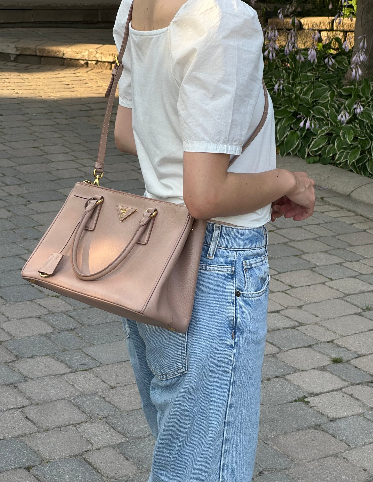Prada Beige Saffiano Leather Double Zip Galleria Tote with Strap