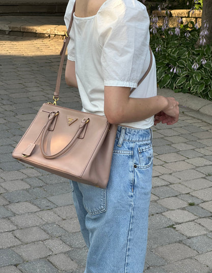 Prada Beige Saffiano Leather Double Zip Galleria Tote with Strap