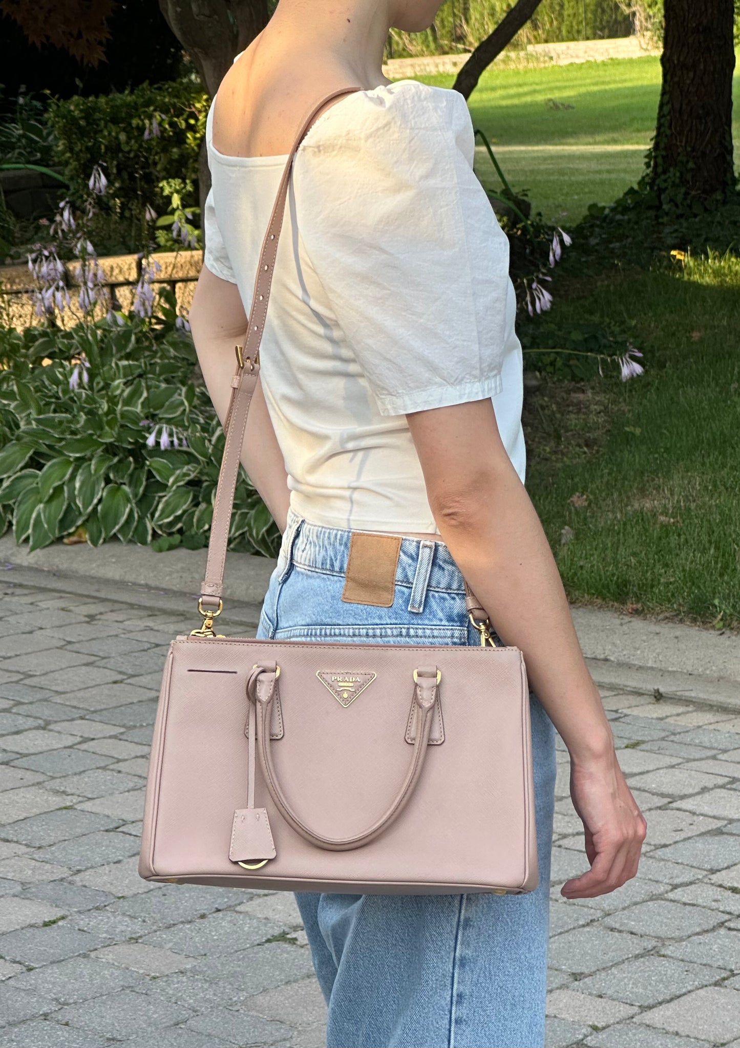 Prada Beige Saffiano Leather Double Zip Galleria Tote with Strap
