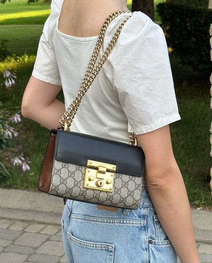 Gucci Small GG Supreme Black Padlock Shoulder Crossbody Bag