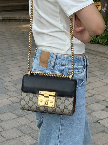 Gucci Small GG Supreme Black Padlock Shoulder Crossbody Bag
