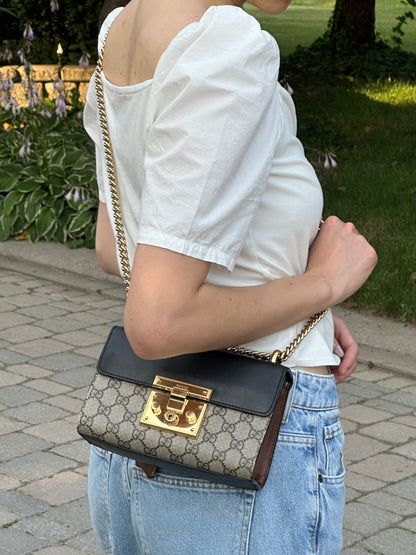 Gucci Small GG Supreme Black Padlock Shoulder Crossbody Bag