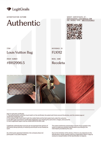 Louis Vuitton Damier Ebene Recoleta Shoulder Bag