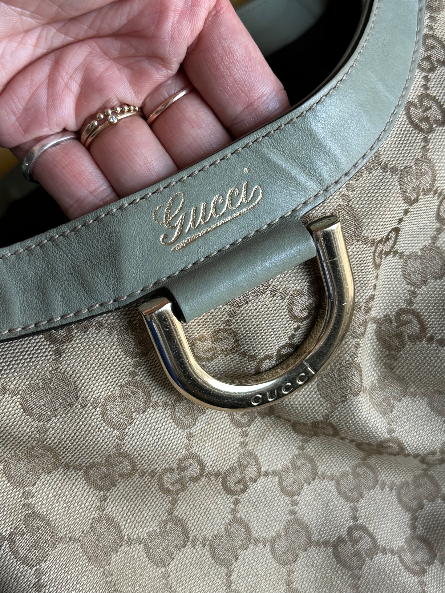 Gucci GG Canvas Abbey D-Ring Shoulder Bag Hobo Tote - Pistachio Green