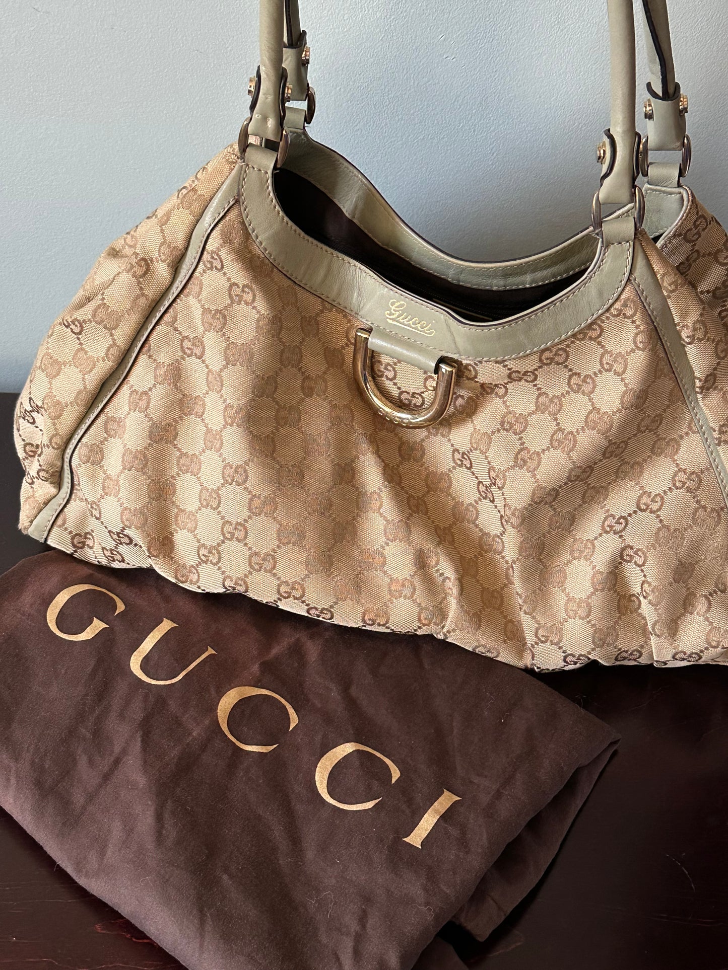 Gucci GG Canvas Abbey D-Ring Shoulder Bag Hobo Tote - Pistachio Green