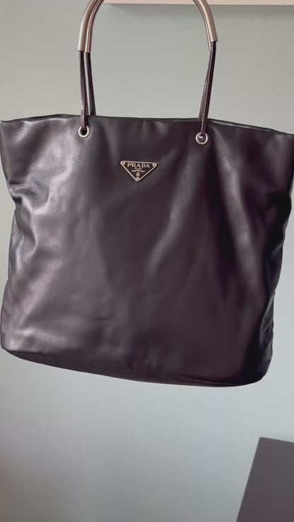 PRADA Rare Black Lambskin Tote Bag Silver Handles