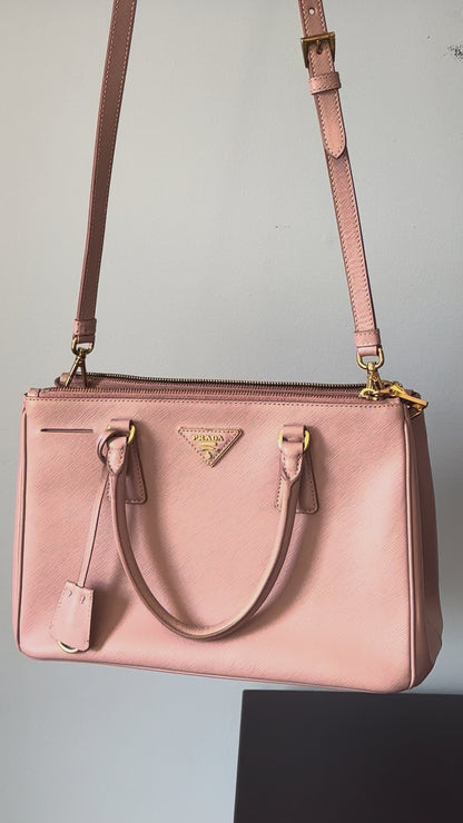 Prada Beige Saffiano Leather Double Zip Galleria Tote with Strap