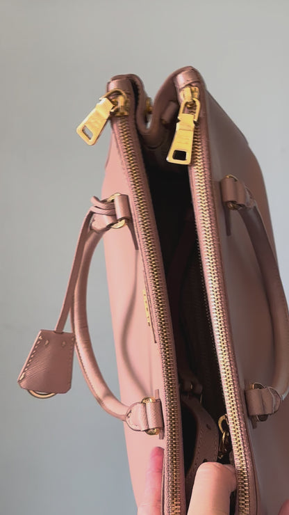 Prada Beige Saffiano Leather Double Zip Galleria Tote with Strap