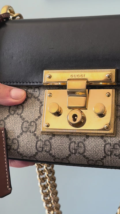 Gucci Small GG Supreme Black Padlock Shoulder Crossbody Bag