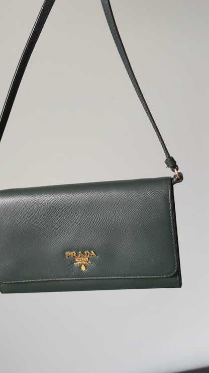 Prada Emerald Green Saffiano Continental Wallet on Strap